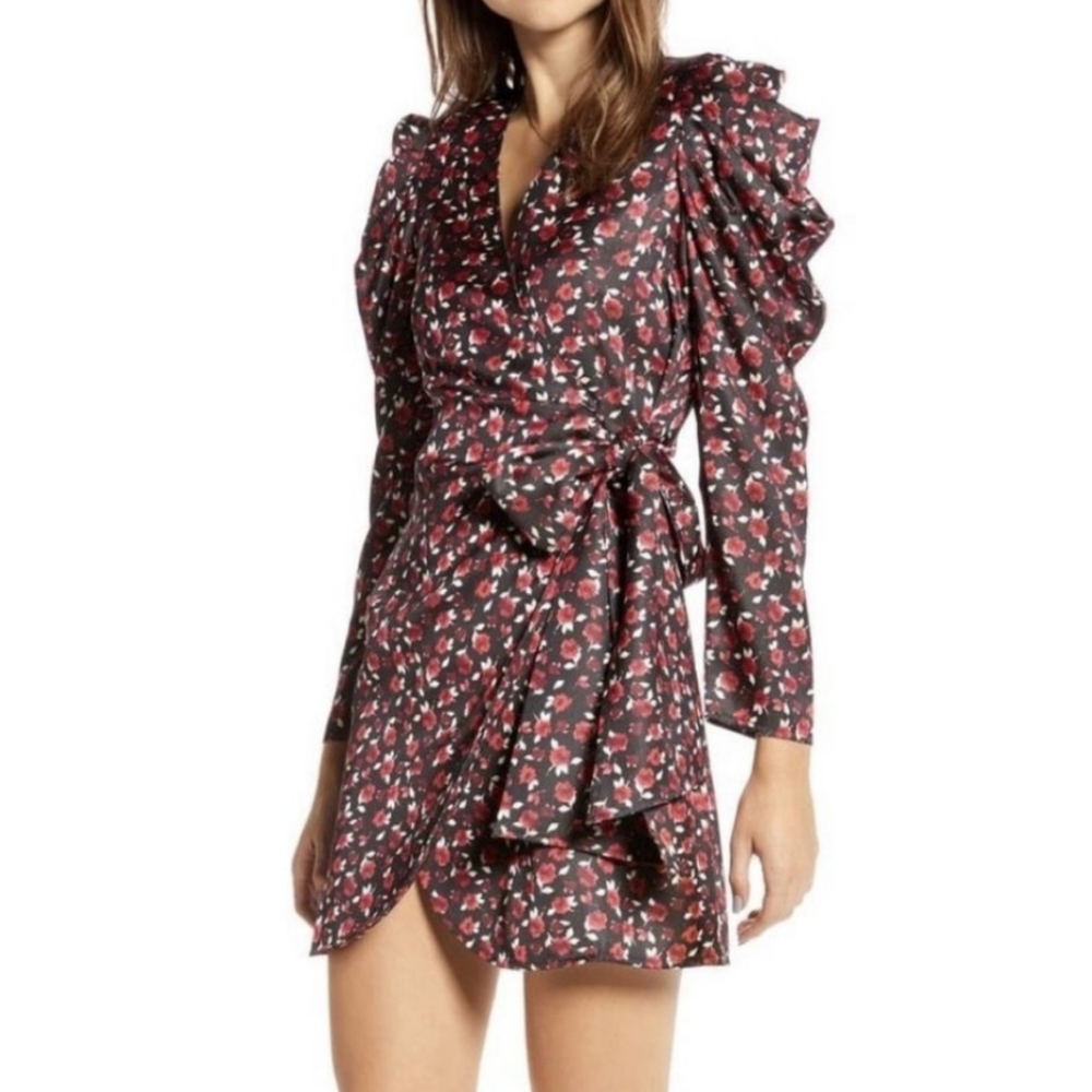 Something Navy Red Floral Long Sleeve Wrap Dress